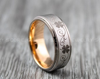Irish Ring, Clover Ring, Shamrock Ring, Irish Jewelry, Gunmetal Tungsten Band Step Edge Celtic Ring, St. Patrick's Day Gift, Ireland Ring