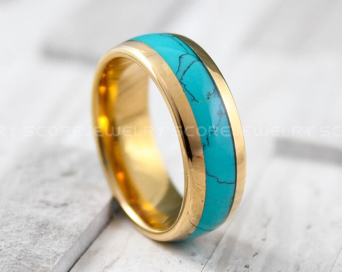 Turquoise Ring, Turquoise Wedding Band, 8mm 14K Rose Gold Tungsten Band with Domed Edge and Turquoise Inlay, Turquoise Tungsten Wedding Ring