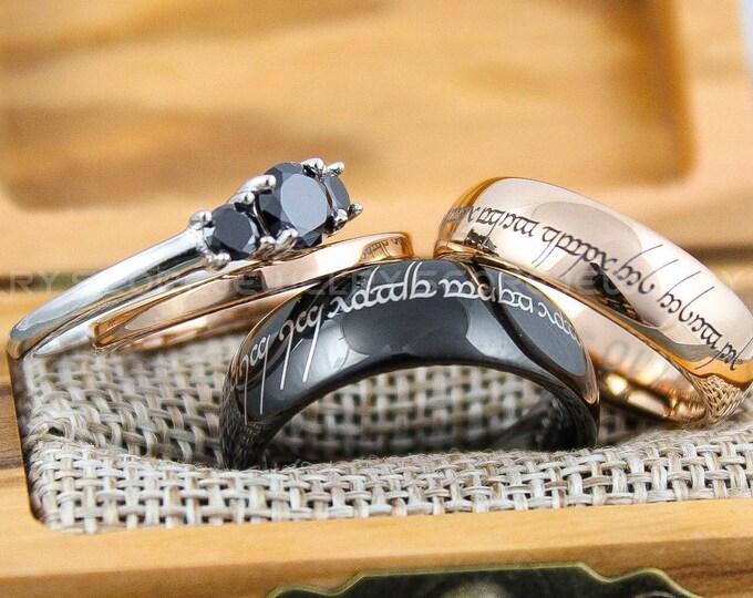 Elvish Rings, Bridal Ring Set, 4 Piece Couple Set Tungsten Bands and  3mm .925 Sterling Silver 3 Stone Engagement Ring, Elvish Wedding Rings