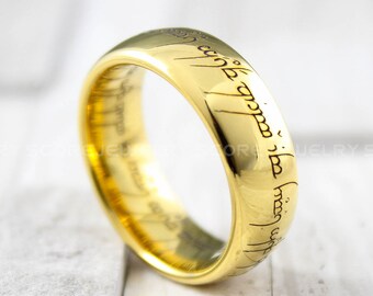 FREE SHIPPING FREE Custom Engraving 8mm Tungsten Band with Domed Edge Customized in Elvish Font Laser Engraved 8mm Silver Tungsten Ring