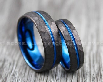 Hammered Rings, 2 Piece Couple Set Black Tungsten Bands with Matte Hammered Finish and Blue Center Groove, Black Tungsten Wedding Bands