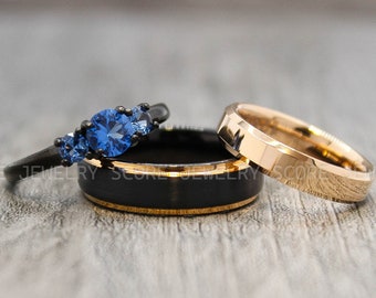 Anillos de boda de tungsteno clásicos, alianza de boda de tungsteno de oro rosa, anillo negro con borde escalonado, juego de 3 piezas para parejas, anillos de boda de oro rosa