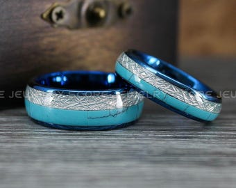 Turquoise Ring, Turquoise Wedding Band, Blue Tungsten Band with Meteorite and Turquoise Inlay, Turquoise Wedding Ring, Turquoise Band