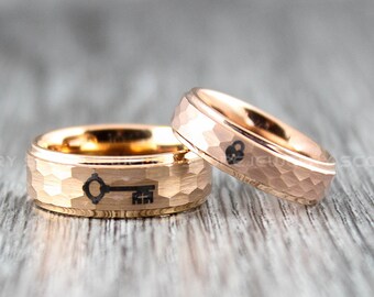 Lock and Key Rings, Lock and Key Wedding Rings, 2 Piece Couple Set Tungsten Bands with Step Edge, Heart Lock and Key Rings, Lock Key Jewelry