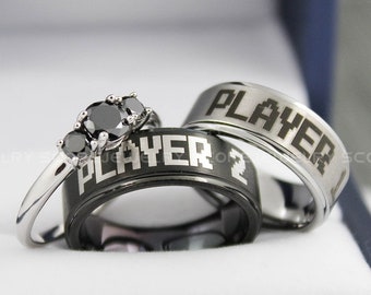 Gamer Rings, Player 1 Player 2 Rings, 3 Piece Couple Set Tungsten Bands with Step Edge 3mm .925 Sterling Silver Three Stone Engagement Ring