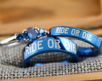 Ride or Die-ringar, Ride or Die-vigselringar, 3-delat parset, blå volframringar med platt kant, Ride or Die-design, 8 mm och 6 mm blå ringar