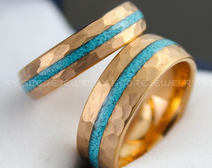 Turquoise Rings, Rose Gold Wedding Rings, 2 Piece Couple Set Rose Gold Tungsten Bands with Hammered Finish and Turquoise Inlay, Couple Rings