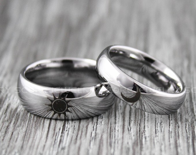 Sun and Moon Rings, 2 Piece Couple Set Silver Tungsten Bands with Domed Edge Tribal Sun and Moon Rings, Silver Tungsten Wedding Rings