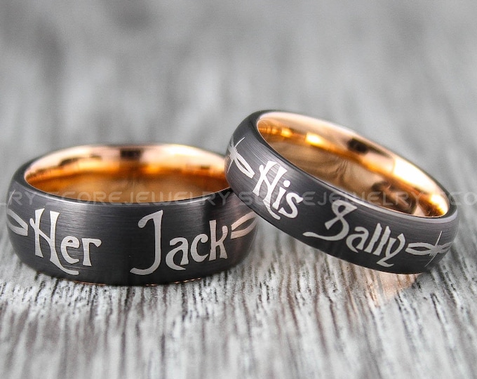 Jack and Sally Rings, 2 Piece Couple Set Black Tungsten Bands Rose Gold Interior, Jack and Sally Wedding Rings, Jack and Sally Wedding Bands