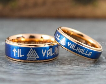 Til Valhalla Rings, Valknut Rings, Valknut Viking Rings, Couple Set Nordic Rings, Norsemen Rings Nordic Runes Rings Rose Gold Tungsten Bands