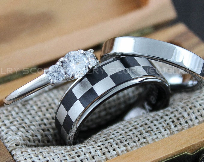 Racing Ring, Checkered Flag Ring 3 Piece Couple Set Tungsten Bands 2mm .925 Sterling Silver Solitaire Stone Engagement Ring Wedding Ring Set