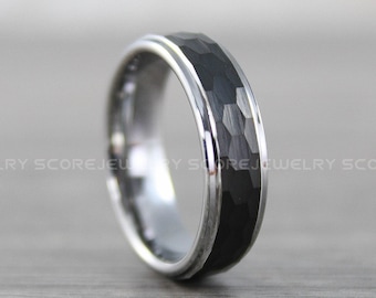 Hammered Ring, Hammered Wedding Band, Silver Tungsten Band, Silver Hammered Tungsten Wedding Ring Black Hammered Wedding Ring Black Exterior