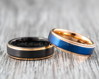 Anillos de boda de tungsteno clásicos, alianza de boda de tungsteno de oro rosa, anillo negro con borde escalonado, juego de 2 piezas para parejas, anillos de boda de oro rosa