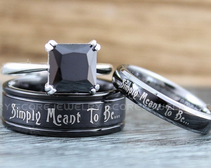 Simply Meant To Be Rings, 3 Piece Couple Set Black Tungsten Bands with Domed Edge, Simply Meant To Wedding Bands, Tungsten Wedding Rings