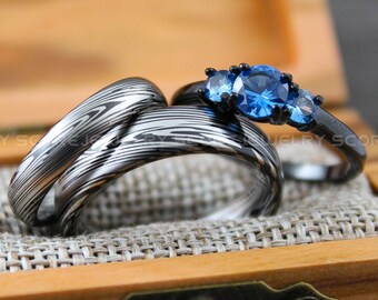 Damascus Steel Rings, Damascus Steel Wedding Rings, 3 Piece Couple Set, Matching Rings, Couple Rings, Matching Wedding Ring, Gunmetal Rings