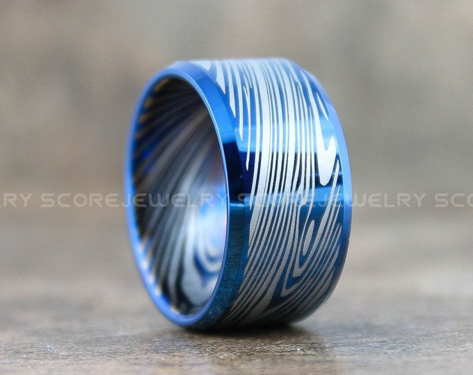 Damascus Steel Ring, 12mm Blue Tungsten Band with Beveled Edge Damascus Steel Pattern Laser Engraved, Blue Tungsten Wedding Ring