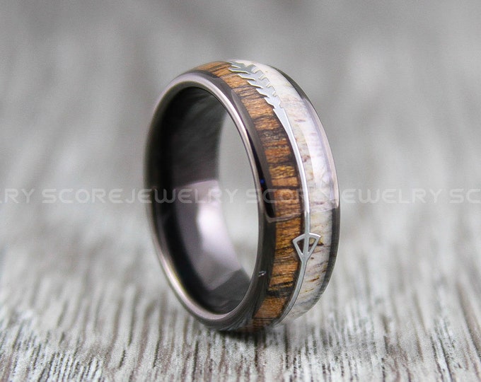 Antler Ring, Deer Antler Ring, 8mm Black Tungsten Band Genuine Koa Wood Antler Inlay 8mm Koa Wood Tungsten Wedding Ring, Antler Ring
