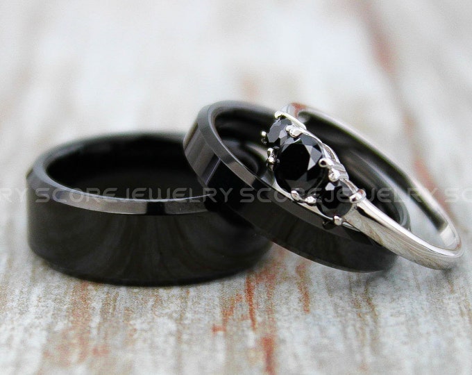 Couple Wedding Rings Set, 3 Piece Couple Set 8mm & 4mm Black Tungsten Bands and 3mm .925 Sterling Silver Three Stone Engagement Ring
