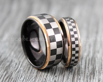 Checkered Flag Rings, 2 Piece Couple Set Black Tungsten Wedding