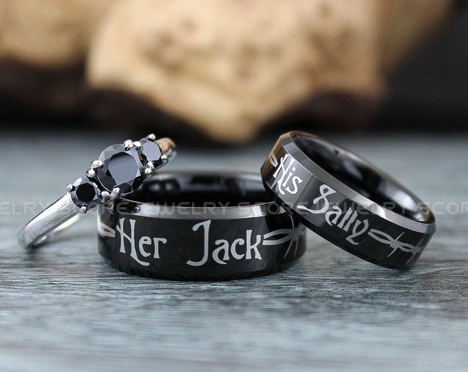 Jack and Sally Rings, Couple Rings, Couple Jewelry, 3 Piece Couple Set Black Tungsten Bands Jack & Sally Rings, Jack and Sally Wedding Rings