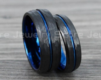 Hammered Rings, 2 Piece Couple Set Black Tungsten Bands with Matte Hammered Finish and Blue Center Groove, Black Tungsten Wedding Bands