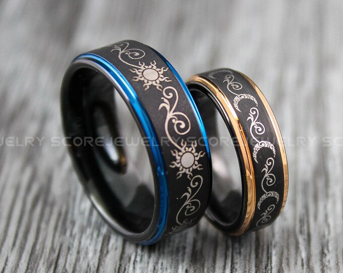 Sun and Moon Rings, 2 Piece Couple Set Tungsten Bands with Step Edge Tribal Sun and Moon Rings - 8mm & 6mm Tungsten Wedding Rings