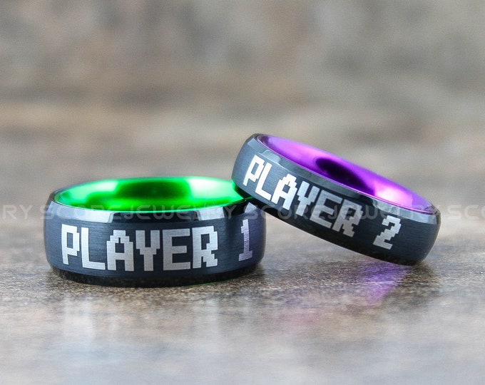 Gamer Rings, Player 1 Player 2 Rings, Purple Rings, Purple Wedding Bands, Purple Tungsten Rings, Purple Tungsten Wedding Bands, Black Rings