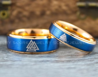 Til Valhalla Rings, Valknut Rings, Valknut Viking Rings, Couple Set Nordic Rings, Norsemen Rings Nordic Runes Rings Rose Gold Tungsten Bands