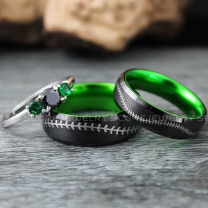 Baseball Rings, Baseball Wedding Bands, Green Wedding Rings, Couple Rings, Baseball Stitch Rings, Couple Wedding Rings, Couple Wedding Bands