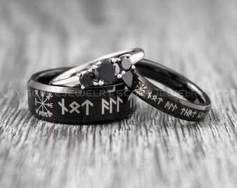 Viking Ring, Couple Set Nordic Ring, Norsemen Ring, Nordic Runes Ring Black Tungsten Band Customize Your Text in Nordic Runes Laser Engraved