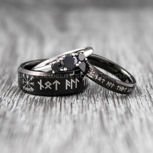 Viking Ring, Couple Set Nordic Ring, Norsemen Ring, Nordic Runes Ring Black Tungsten Band Customize Your Text in Nordic Runes Laser Engraved