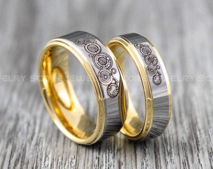 Gallifreyan Rings, Gallifreyan Wedding Rings, 2 Piece Couple Set 14K Yellow Gold Tungsten Bands with Step Edge, Yellow Gold Wedding Rings