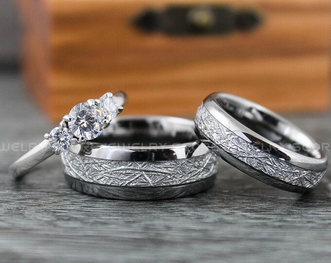 Meteorite Rings, Meteor Rings, 3 Piece Couple Set Silver Tungsten Bands Meteorite Inlay, Silver Tungsten Wedding Rings, Silver Tungsten Band