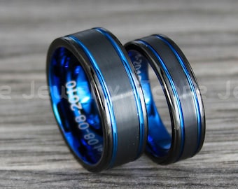 Black Wedding Bands, Black Tungsten Wedding Band Black Tungsten Wedding Rings 8mm & 6mm Tungsten Bands with Two Blue Center Grooves