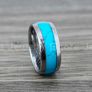 Turquoise Ring, Turquoise Wedding Band, 10mm Silver Tungsten Band Turquoise Inlay and Damascus Steel Pattern Laser Engraved, Turquoise Band
