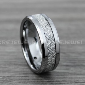 Meteorite Ring, Meteor Ring, Silver Tungsten Band with Imitation Meteorite Inlay, Silver Tungsten Meteorite Wedding Ring, Meteor Wedding