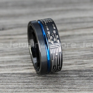 Platinen Ring, Gamer Ring 10mm Wolfram Ehering schwarz mit Flacher Kante Blau in der Mitte Nut Platine Wolfram Ehering