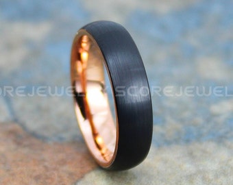 Black Wedding Band, 6mm Tungsten Band with Domed Edge Brushed Exterior Finish and 14K Rose Gold Interior, 6mm Black Wedding Ring