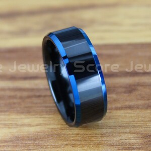 Klassischer 8 mm schwarzer Wolframring mit Blauer abgeschrägter Kante, schwarzer Wolframring, 8 mm schwarzer Wolfram Ehering, schwarzer Ehering