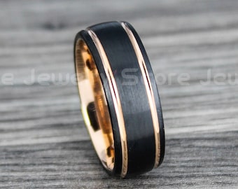 Black Wedding Ring, 8mm Black Tungsten Ring with Rose Gold Grooves, Mens Wedding Ring, Black Wedding Band, Rose Gold Wedding Ring
