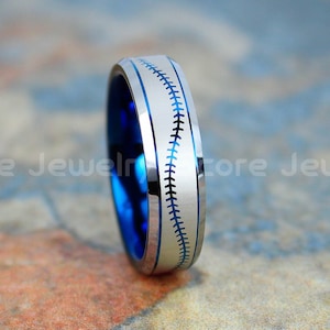 Baseball Ring, Baseball Jewelry, Blue Tungsten Band Baseball Stitch Pattern Ring, 6mm Blue Tungsten Wedding Ring, Blue Wedding Band