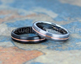 Juego de anillos de boda para pareja, juego de 2 piezas para pareja, bandas de tungsteno de 4 mm con ranura central de oro rosa de 14 quilates, acabado cepillado, bandas de boda de tungsteno