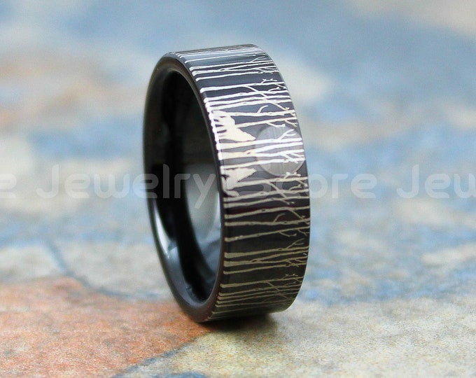 Wolf Ring, Wolf Howl Ring, Wolf in Forest Ring, Black Tungsten Ring, Wolf and Moon Ring, 8mm Black Tungsten Wedding Ring