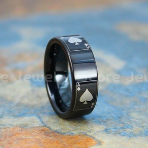 Ace of Spades Ring, Poker Ring, Poker Jewelry, 8mm Black Tungsten Band with Flat Edge Ace of Spades Card Suit Pattern. Black Wedding Ring