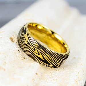 Damascus Steel Ring, 8mm 14K Yellow Gold Tungsten Band with Domed Edge Damascus Steel Pattern Laser Engraved Tungsten Wedding Ring