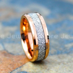 Meteorring, Meteorit-Ring, 8 mm 14K Rosegold Wolfram Meteorit-Band, 14K Rosegold Wolframring mit Imitation Meteorit Textur Inlay