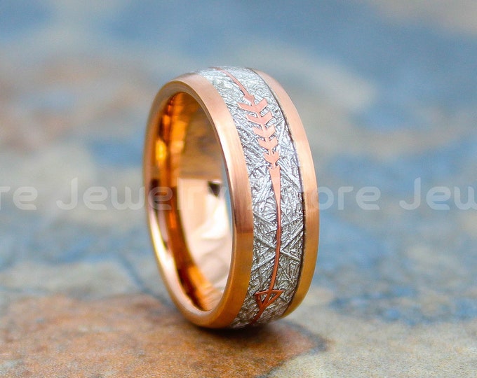 Meteor Ring, Meteorite Ring, 8mm 14K Rose Gold Tungsten Ring Meteorite and Boho Arrow Inlay Tungsten Bohemian Wedding Ring Rose Gold Wedding