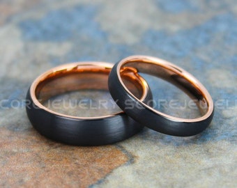 Anillos de boda negros, juego de 2 piezas para parejas, alianzas de boda de tungsteno negro de 6 mm y 4 mm con acabado cepillado y anillo interior de oro rosa de 14 quilates
