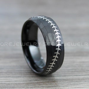 Baseball Ring, Baseball Wedding Ring, 8mm Black Tungsten Band with Domed Edge Hammered Finish Baseball Stitch Pattern Tungsten Baseball Ring