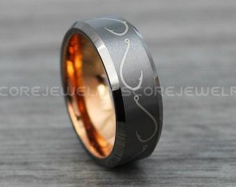 Fishing Ring, Hunting Ring, 8mm Gunmetal Tungsten Band with Beveled Edge Hunting Fishing Pattern Ring Gunmetal Tungsten Wedding Ring
